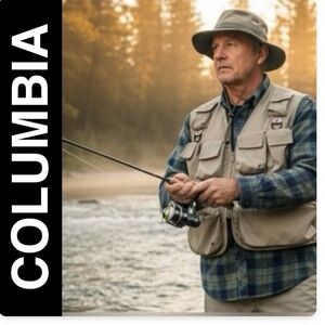 Columbia Tan Fishing Utility Vest 6 Velcro 4 Zip Pockets Size Medium Zip Closure